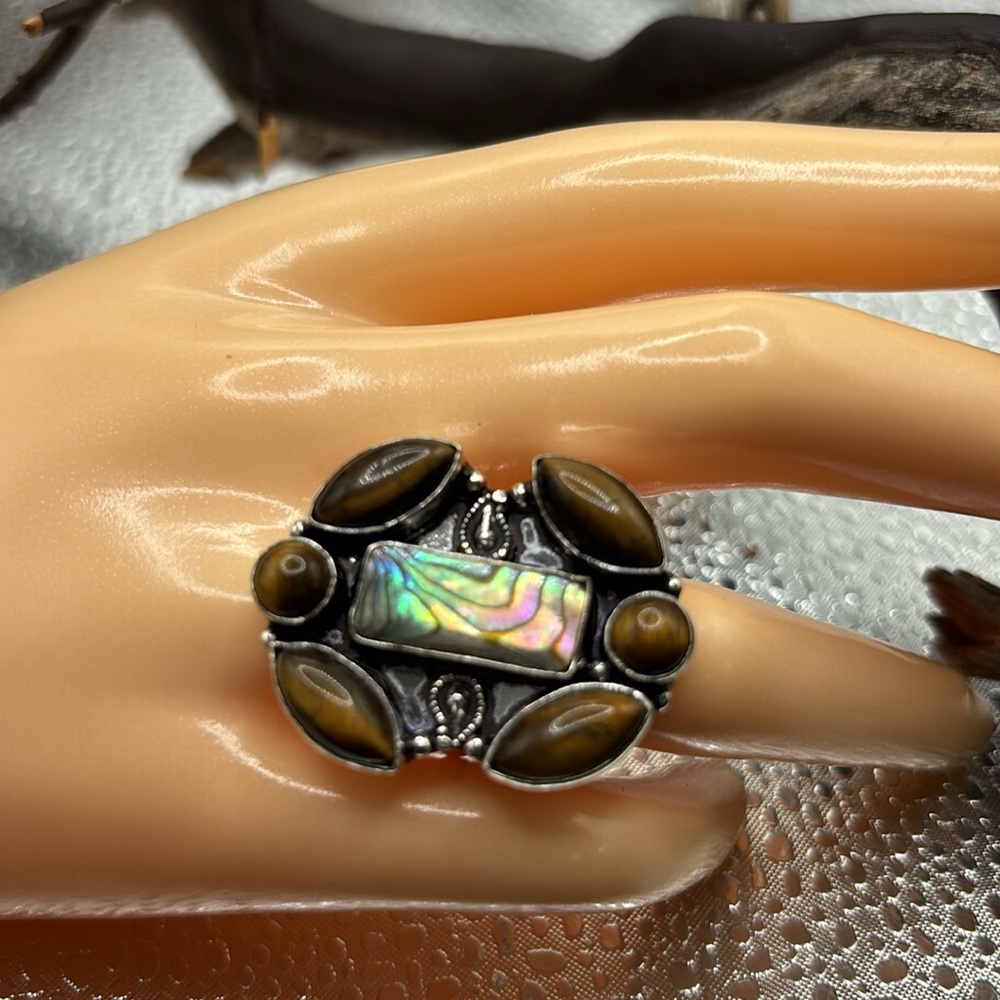 Size 7&1/2 Gorgeous, tiger eye and abalone statement ring for emotional healing